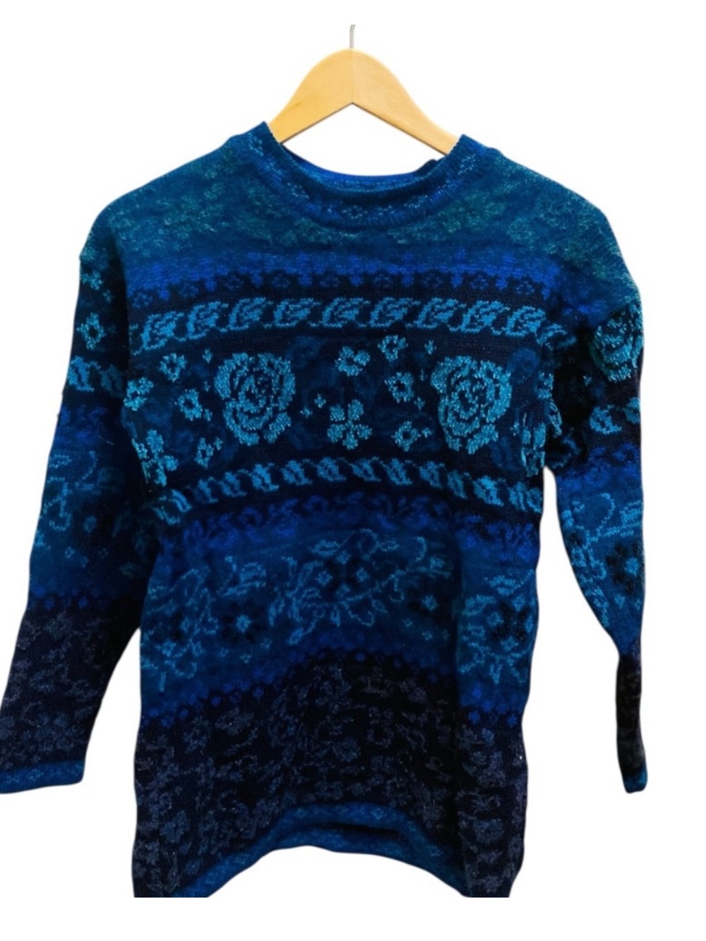 LAURA ASHLEY 1990s Vintage Wool Teal Floral Sweater